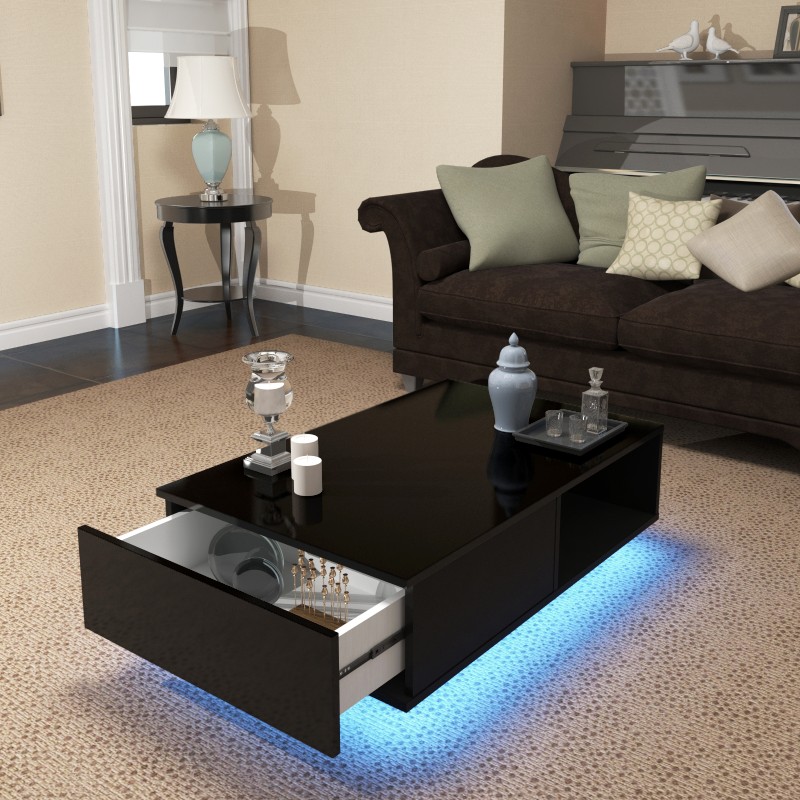 Black Gloss Tea Table with Storage Drawers and LED Lights MLC08-1