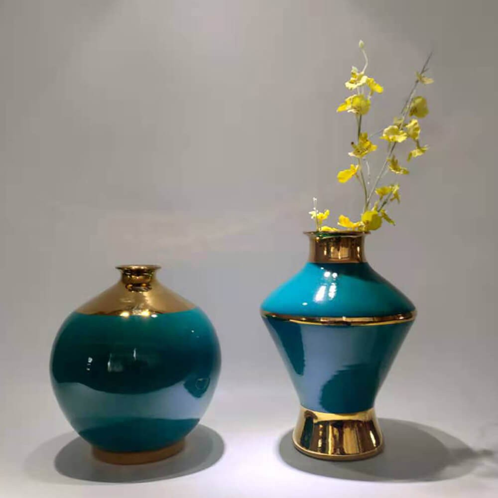 Modern Set of 2 Blue 7 Gold Decoration Vases B-141