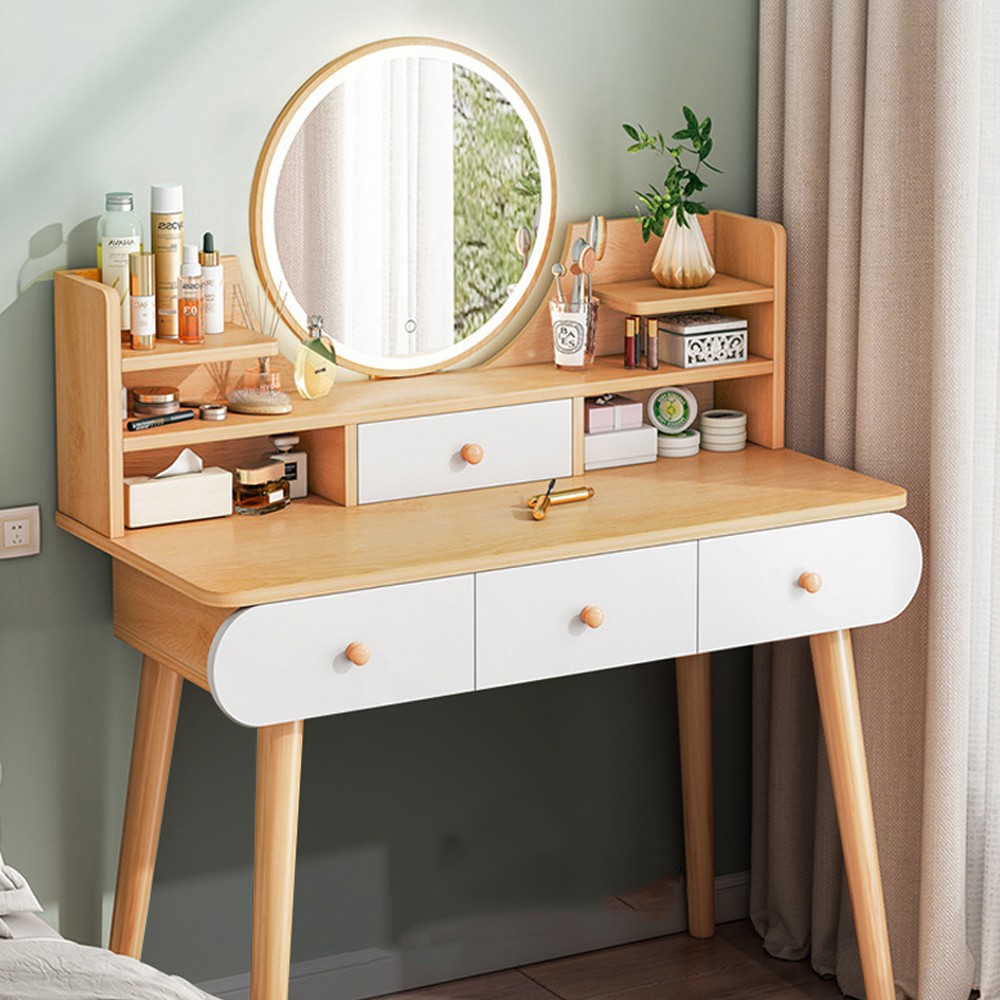 Modern 4 Drawer Basic Dressing Table With Modern 4 Drawer With Mirror Brown & White XU060232