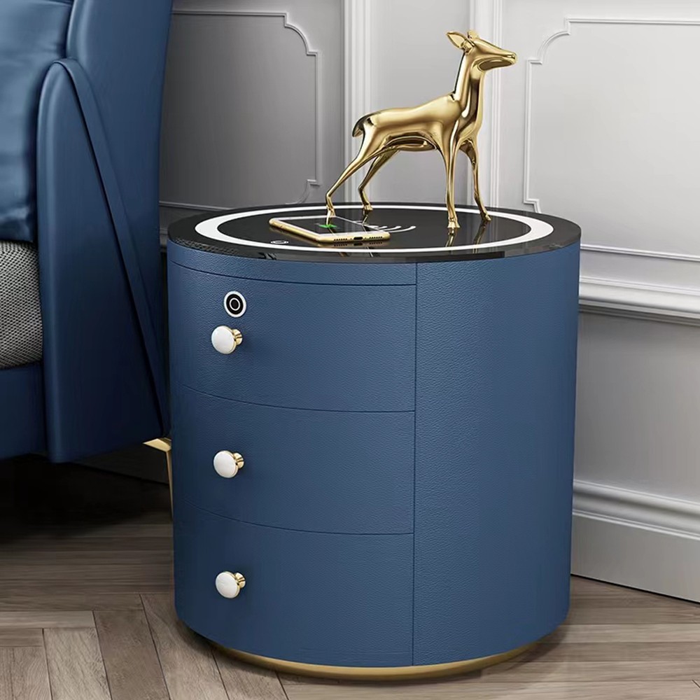 Modern Intelligent Round Bedside Table With Tempered Glass & Blue Finish K30
