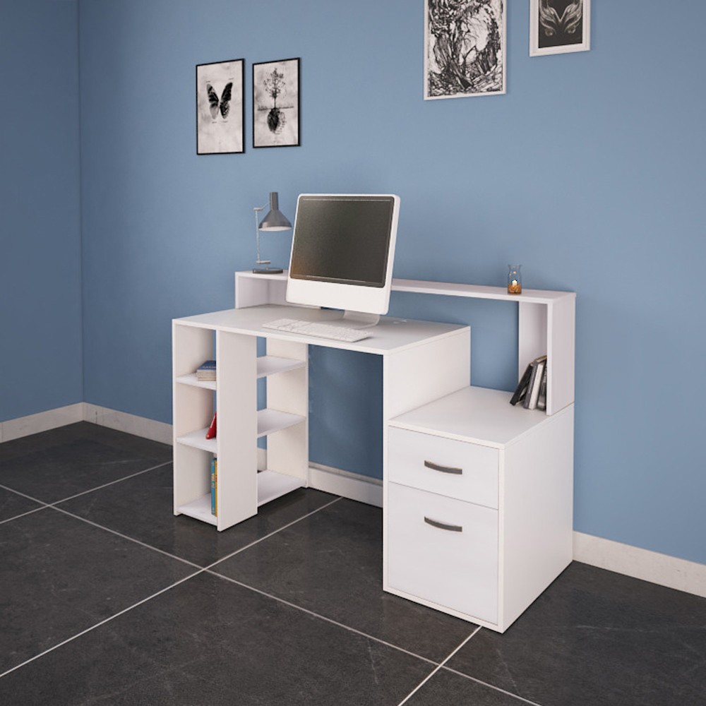 Modern White office Desk With Cabinet & Shelves 002-10