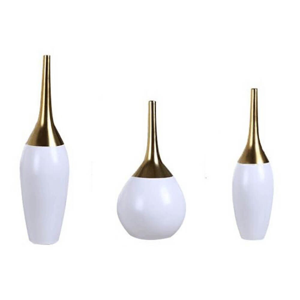 Modern Set of 3 Ceramic Vases White & Gold B-057