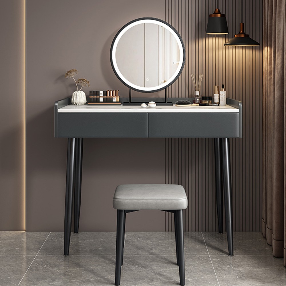 Modern Black & Light Gray Dressing Table With Chair & Mirror STE060803