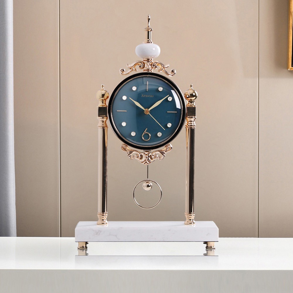 DESIGNER ARMENS TABLE CLOCK WITH BLUE FACE AND WHITE GRANITE BASE 6958A-1